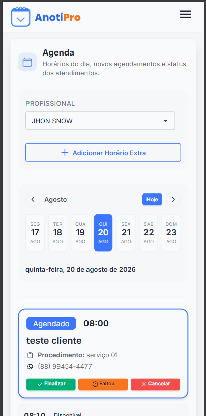 Agenda do profissional — finalizar, faltou ou cancelar